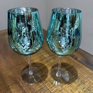 Artland Brocade Blue/Platinum 10" Goblets Scroll Design Set of 2